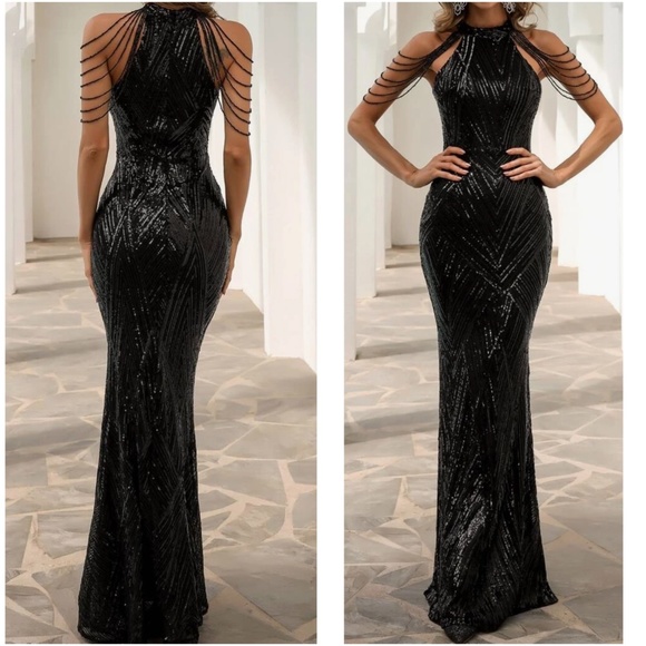 Luxe Sequin Halter Evening Party Wedding Bodycon Gown Dress - Picture 7 of 9